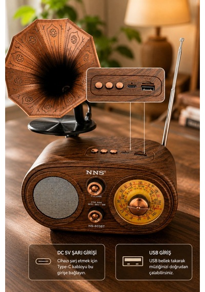 Nns Ns-803bt Kahverengi Retro Radyo Bluetooth Hoparlör Usb Tf Kart Şarjlı Nostaljik Radyo
