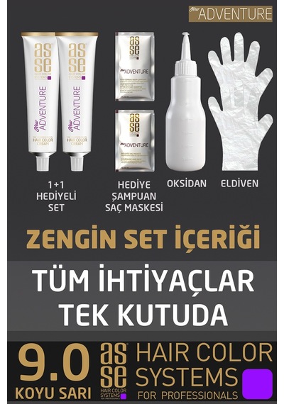 Asse Adventure Set Saç Boyası, Kalıcı Ve Canlı Renkler 1+1 İki Kullanım Seti No:9.0 Koyu Sarı