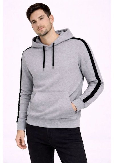 Mbb E-ticaret Erkek Şeritli Kapüşonlu Sweatshirt Oversize 3 İplik Pamuklu Hoodie - Gri