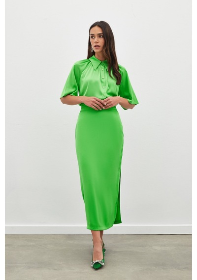 Sateen Bel Pile Detaylı Saten Etek - Açık Yeşil