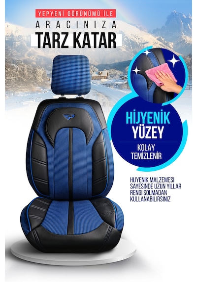 Mavi - Siyah Panda Kars Serısı Kazayağı Kumaş Oto Koltuk Kılıfı - Tam Set