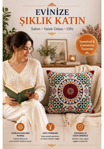 Goblen Mozaık Dokuma Kırlent Kılıf Çok Renkli