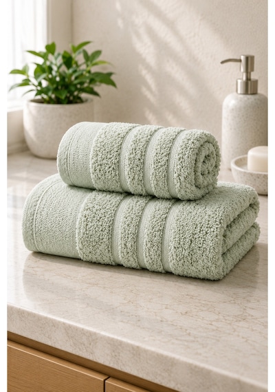 Ayla 2'li Havlu Seti 70x140 Banyo Havlusu + 50x90 Baş Havlusu, Yumuşak Dokulu, Yüksek Su Emici Mint Yeşili