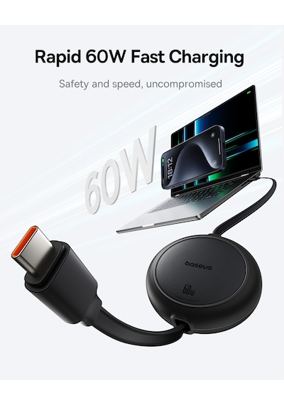 Baseus Free2pull Mini Makaralı Usb-c To Usb-c 100w Hızlı Şarj Ve Data Kablosu, Siyah 100 Cm