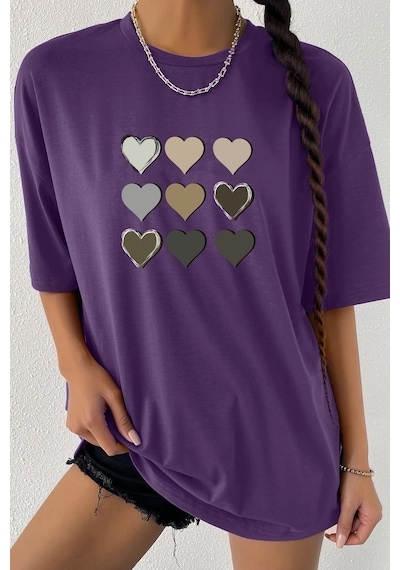 Unisex Kalp Baskılı T-shirt Mor
