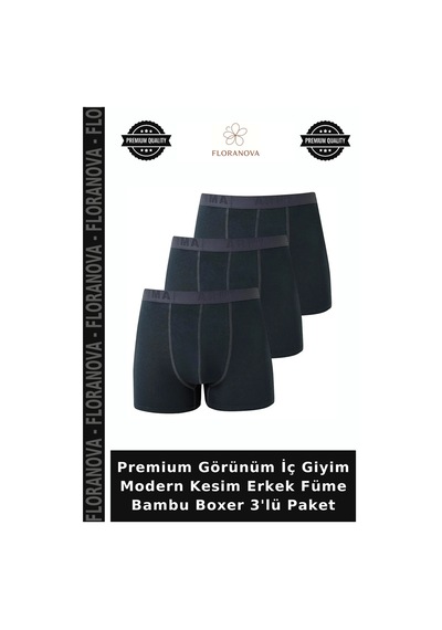 Floranova Premium Görünüm İç Giyim Modern Kesim Erkek Füme Bambu Boxer 3'lü Paket Çok Renkli