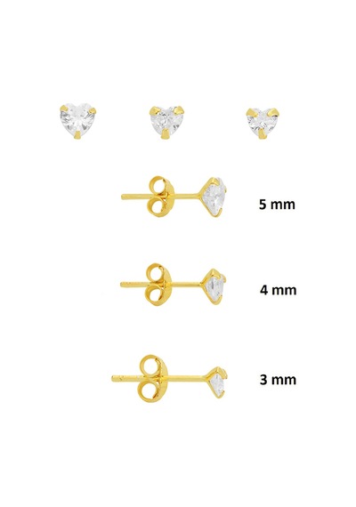 925 Ayar Gümüş Altın Kaplama 3'lü Tekli Kombin Set Kalp Kesim Zirkon Taşlı Minimal Küpe 3-4-5 Mm Barcode