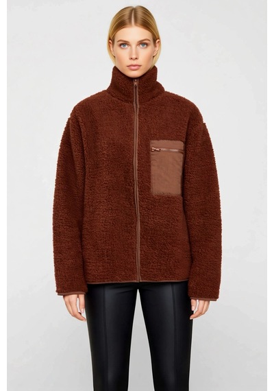 Benerly Kadın Dik Yaka Düşük Kol Tam Fermuarlı Peluş Sweatshirt Fonksiyon Kahverengi