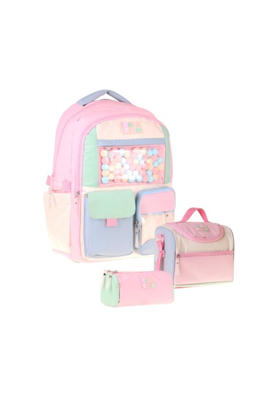 Calacilo Scales Pompon Aksesuarlı Pembe - Yeşil Kız Çocuk Üçlü İlkokul Okul Çantası Seti - Setcc-c4095a
