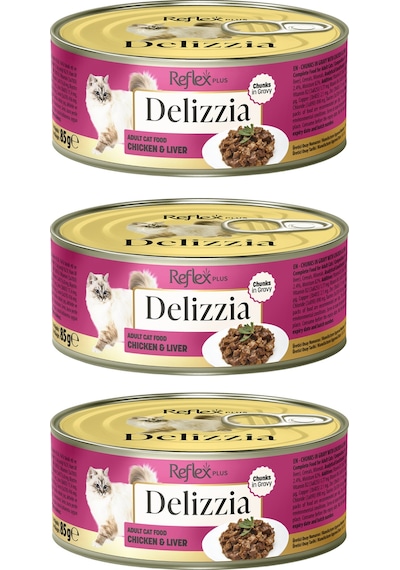 Delizzia Sos İçinde Parça Etli Tavuklu Ve Ciğerli Yetişkin Kedi Maması 3 X 85 Gr.