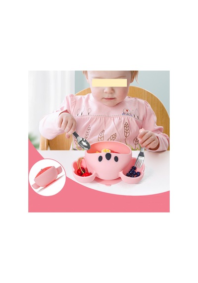 Pembe Koala Premium Çocuk Vakumlu Silikon Beslenme Mama Kase, Paslanmaz Çelik Çatal-kaşık 9+ Ay