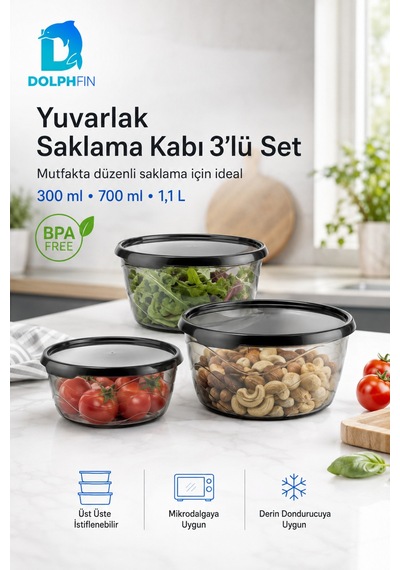 3 Lü Yuvarlak Saklama Kabı Seti 300 Ml 700 Ml 1,1 Litre Füme Şeffaf Bpa İçermez Siyah
