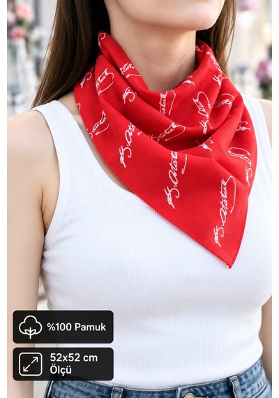 Herşeynota Atatürk İmza Desenli Kırmızı %100 Pamuk 52x52 Cm Fular Bandana Okul, Etkinlik, Tören, Gösteri Çok Renkli