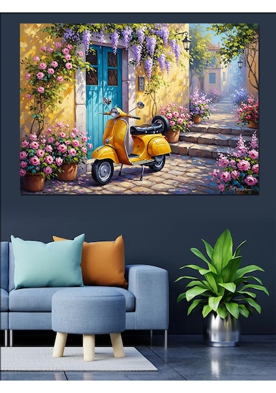 Ahşap Tablo Çiçekli Sokakta Sarı Scooter Tablo