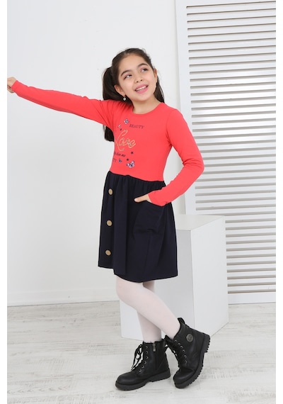 Toontoy Kız Çocuk Beauty Love Baskılı Elbise Nar Çiçeği