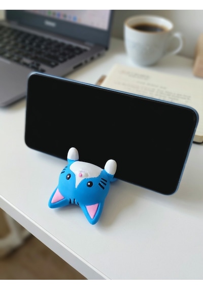 Mavi Kedi Figürlü Telefon Tutucu Stand - 3d Baskı Ofis Masaüstü Aksesuarı Ve Biblo