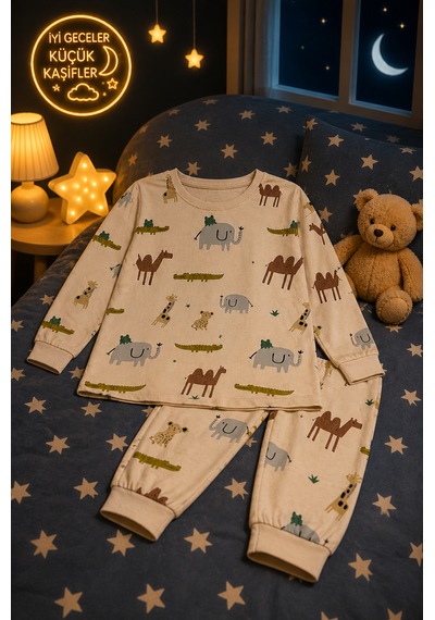 Durukoza %100 Pamuk 4 Mevsim Çocuk Pijama Takımı 8-13 Yaş Yumuşak Dokulu Açık Bej
