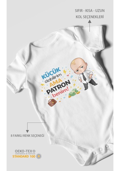 Morivokids Küçük Olabilirim Ama Patron Benim Kısa Kollu Bebek Body Beyaz