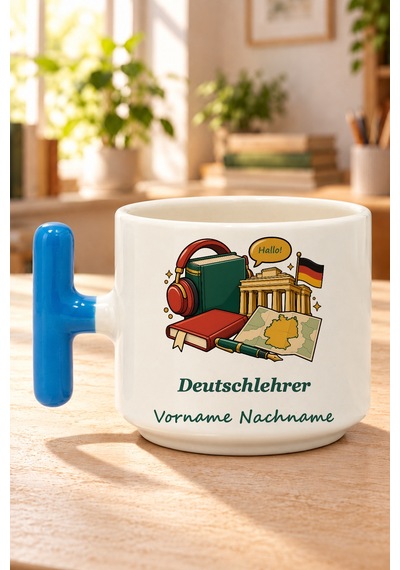 Deutschlehrer İsimli Baskılı Mavi Kulplu T Kupa