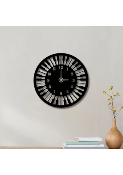 Metal Duvar Saati Piyano Tuşe Detaylı Dekoratif Saat Siyah-58 X 58