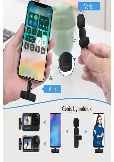 Kablosuz Yaka Mikrofonu Type-c Lightning Uyumlu Vlogger Mikrofon İphone Android Uyumlu Set