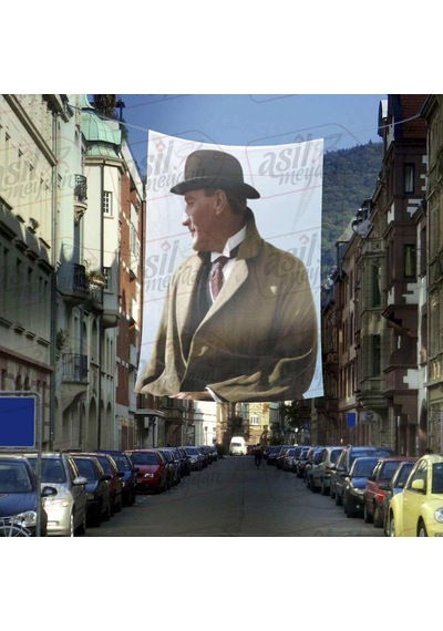 Şapka- Palto - Modern Sivil Gazi Mustafa Kemal Atatürk - Portre Cephe Poster Bayrak-4x6 Metre 1