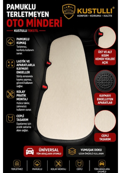 Kustulli 3'lü Pilot Terletmeyen Oto Koltuk Kilim Minder Cepli Model Krem Ön Arka Koltuk Minderi