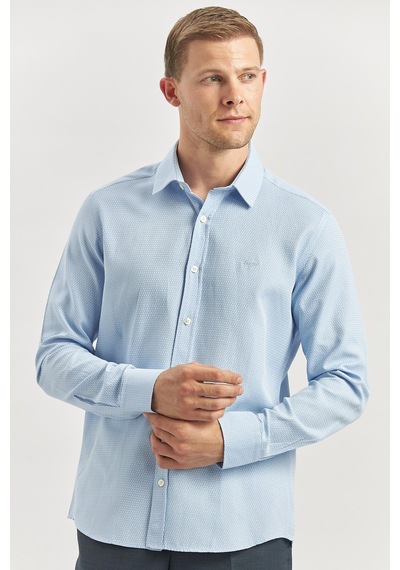 İmza Mavi Uzun Kol Kendinden Desenli Armürlü 032 Sert Yaka Casual Slim Fit Gömlek 1004240249 Mavi