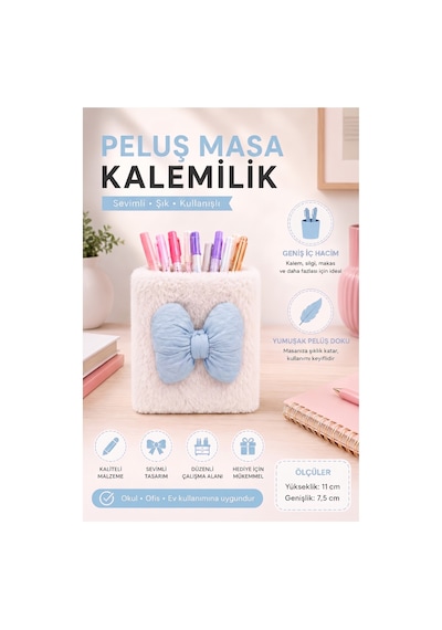 Masaüstü Peluş Kalemlik Organizer 1 Adet Pp-283 Renkli Masa Üstü Kalemlik Düzenleyici Plastik Ofis Büro Ev Çalışma Masası Açık Mavi