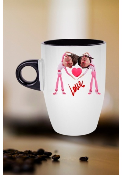 Mutlu Çiftler Love Baskılı Hediye Kupa Bardak Porselen Latte Filtre Kahve Fincanı Siyah