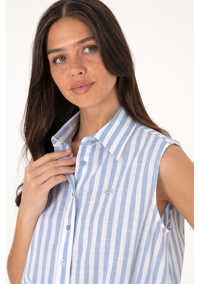 U.S. Polo Assn. Kadın Mavi Çizgili Kısa Kollu Gömlek 50306475-VR036