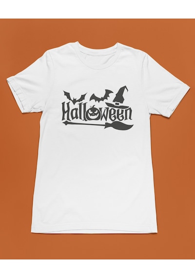 Bumeta Halloween Yarasa Balkabağı Cadı Şapkası Ve Süpürge Unisex Tişört T-shirt Beyaz