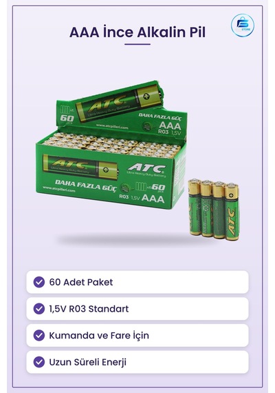 Aaa İnce Pil 1.5v R03 Alkalin 60 Adet Kumanda Fare Oyuncak El Fen