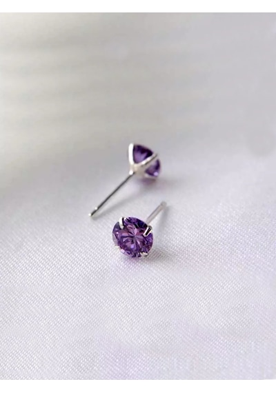 Brezza Lusso Jewelry 925 Ayar Ametist Taşlı Mor Renk Yuvarlak Tektaş Bayan Gümüş Küpe