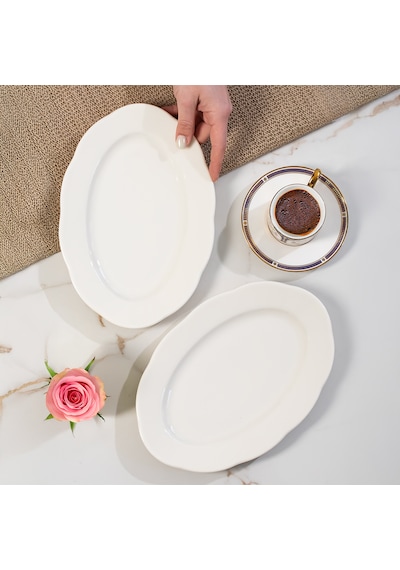 Porsima 4454 Yonca Porselen Kayık Tabak Seti - Oval Kahvaltılık Sunumluk Seti 25cm Beyaz