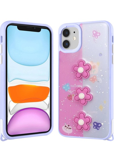 Apple Uyumlu iPhone 11 İle Kılıf Parlayan Sıvılı Simli Kabartma Figürlü Kapak