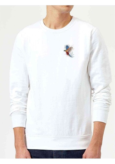 Papağan Sulu Boya Damlamalı Göğüs Baskılı Beyaz Erkek Sweatshirt