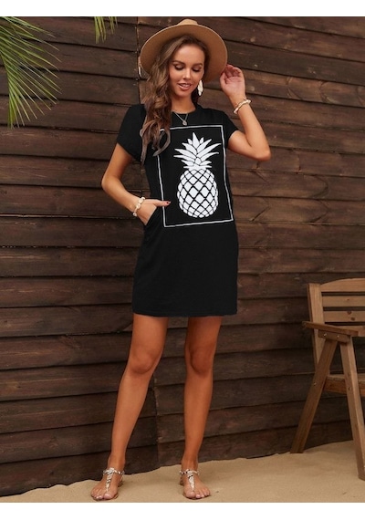 Sinemonline Kadın Ananas Baskılı Kısa Kol Viskon Elbise Siyah
