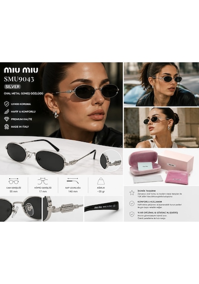 Miu Miu Smu9043 Kadın Güneş Gözlüğü Metal Çerçeve Füme Cam Made İn Italy - Silver Altın