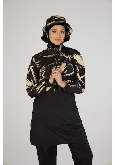 Estiva 26973 Siyah Brushstroke Tam Kapalı Croplu Şapkalı Pantolonlu Tesettür Mayo