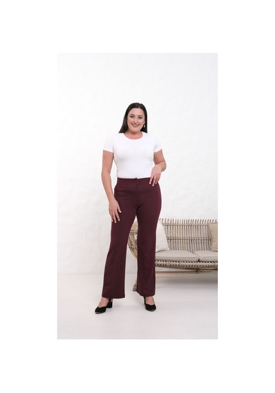 Paw Garage Kadın Nola 36-50 Beden Likralı Toparlayıcı İspanyol Paça Büyük Beden 4 Mevsim Krep Pantolon Bordo