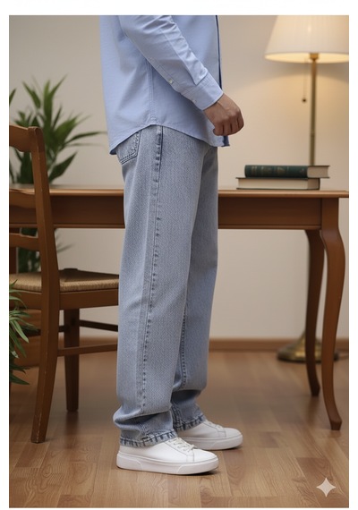 Lyvens Erkek Buz Mavi Baggy Oversize Bol Paça Jean Kot Pantolon Buz Mavi