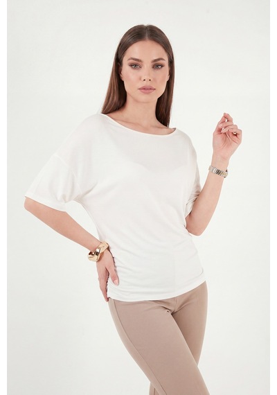 Lela Standart Fit Drape Detaylı Yarasa Kol T Shirt Bayan T Shirt 5866962 Ekru