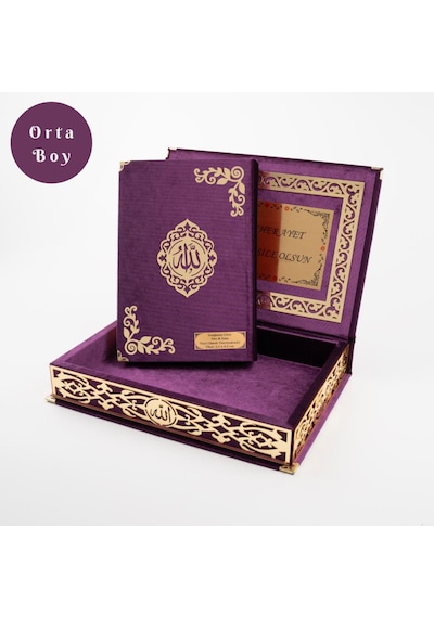 Raşel Kutulu Hediyelik Kuran-ı Kerim Orta Boy, Mor, Şems Lafzatullah Gold Pleksi