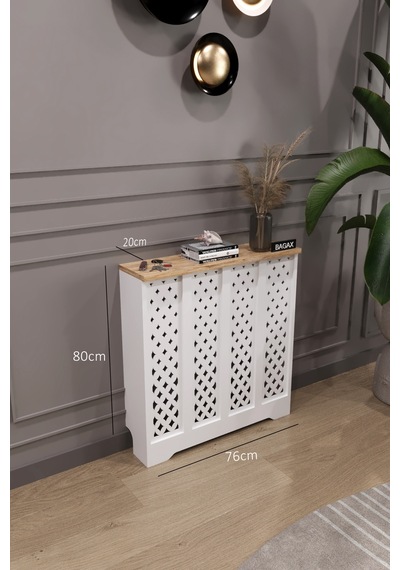 Dekoratif Petek Dolabı Kalorifer Peteği Kapatma Ünitesi Modern Tasarım İç Ölçü 76 Cm Dış Ölçü 80 Cm Petek 76 Beyaz Üstü Çam D11