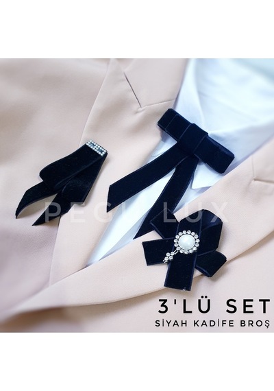 Pegu Lux 3 Lü Set Kadife Taşlı Siyah Yaka Gömlek Ceket Broş, Yaka İğnesi 08 Siyah
