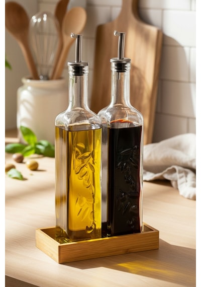 Lara - 2'li Bambu Standlı Cam Zeytinyağı Sıvıyağ Şişesi Yağdanlık Damlatmaz Yağlık Sirkelik 500ml