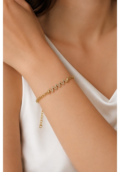 Balenbi Jewelry Kadın Taşlı Dalga Figürlü Gold Kararmaz Çelik Zincir Bileklik 1094 Altın