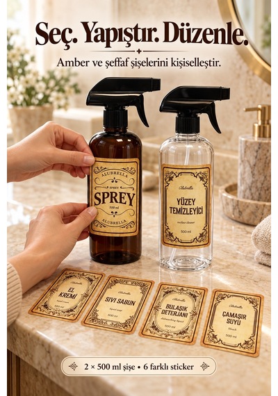 Alubrella 500 Ml Amber Ve Şeffaf Boş Sprey Şişe 2 Li Set Ve 6 Lı Etiket