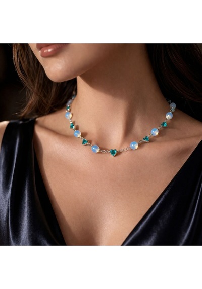 Doğal Taşlı Mavi Kalp Desenli Choker Kolye Çok Renkli